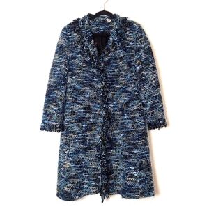 Laura Ashley Whimsigoth Y2K Blue Green Stripe Boucle Eyelash Fringe Coat Size M